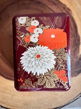 Floral Decorative Bento Box - Burgundy with White & Orange Chrysanthemum Blooms